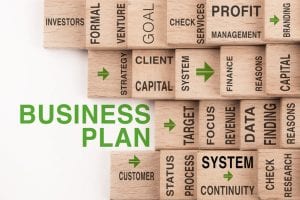 A business plan can be visualized as a group of interrelated wooden blocks. 